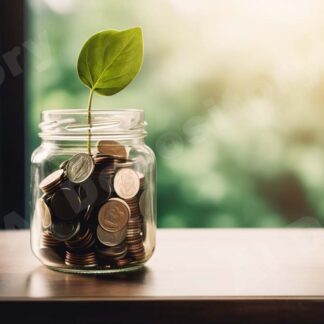 Jar of coins with a plant growing out