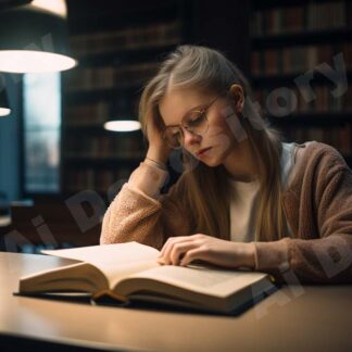 A student reading a book in a library