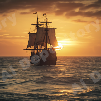 Silhouette of a pirate ship in the sunset