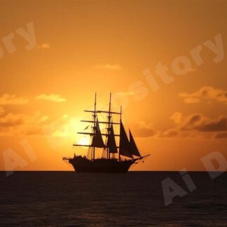 Boat with sails silhouette in sunset
