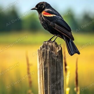 Red winged blackbird on a fence post