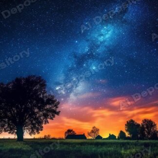 Milky Way over a farm at sunset